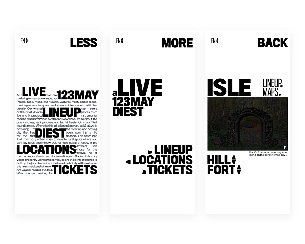 Mockup of several pages of the alive festival mobile site